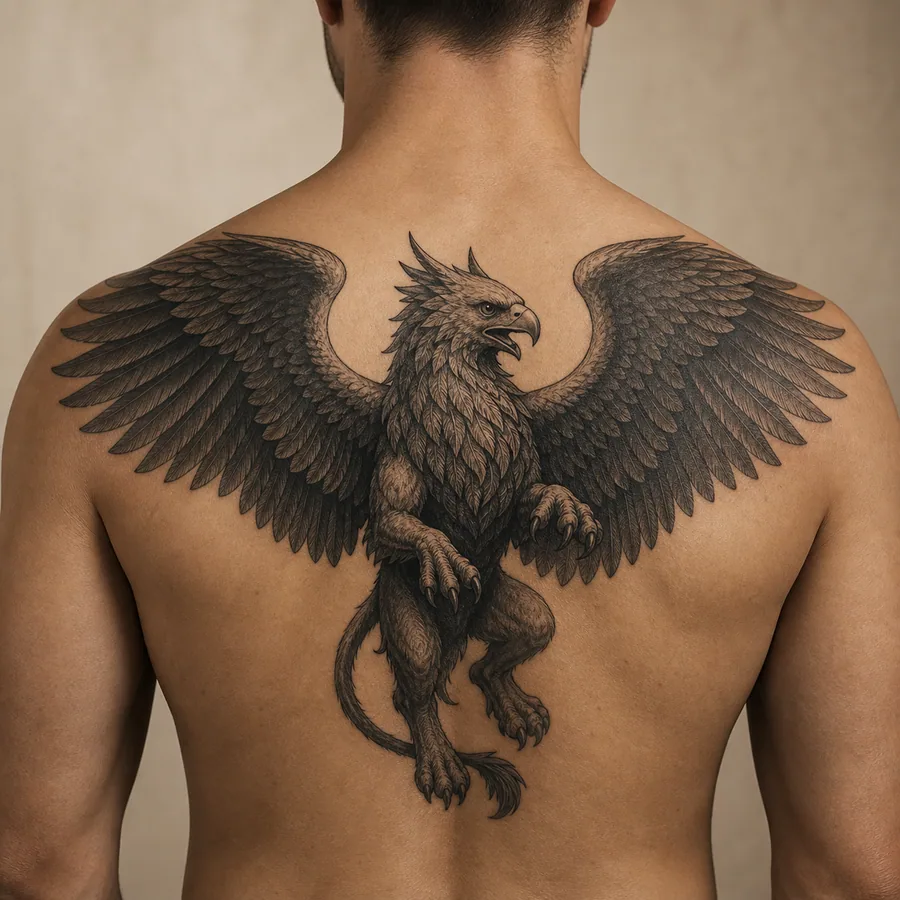 Large blackwork flying griffin tattoo placement across the upper back