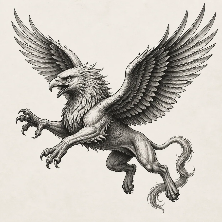 Black and grey flying griffin tattoo design with fully extended wings