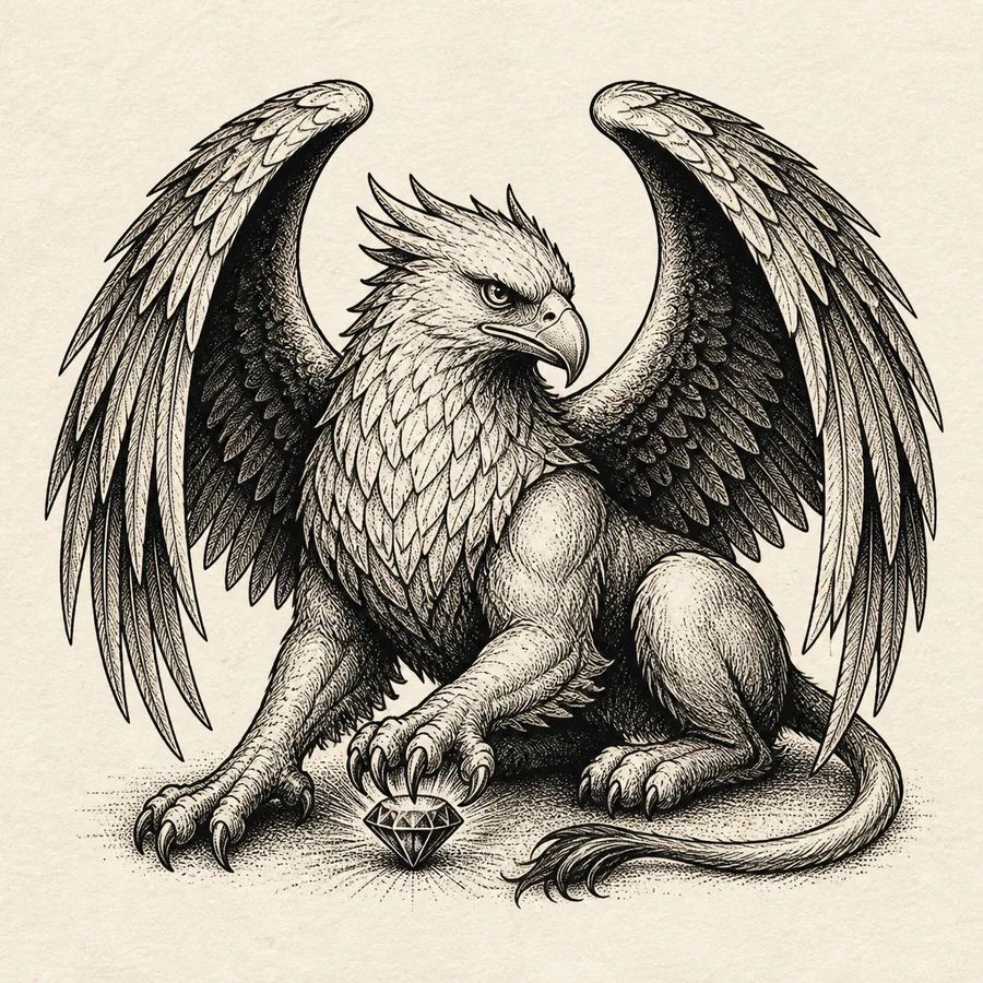 Blackwork griffin guarding a jewel tattoo design symbolizing protection