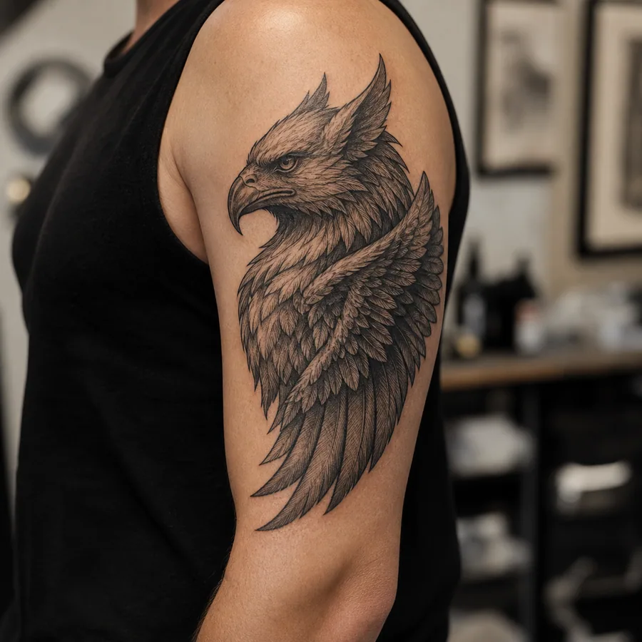 Black and grey griffin head tattoo placement on the upper arm