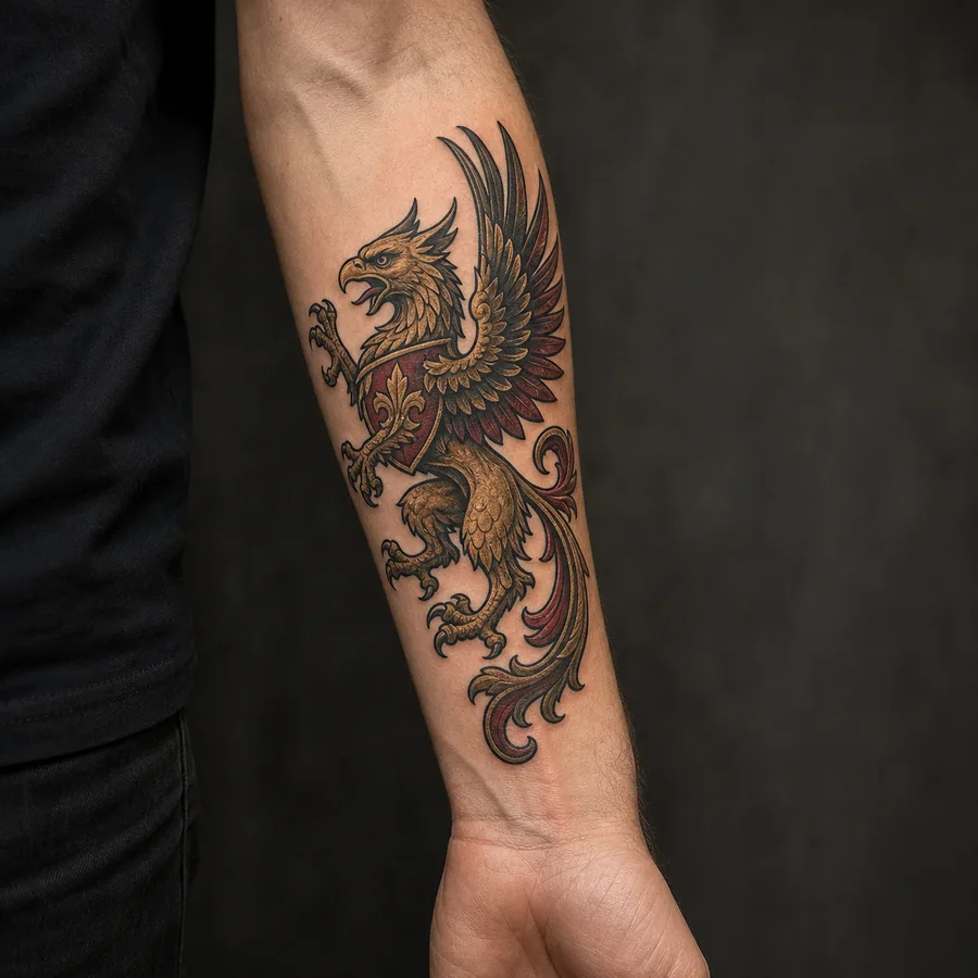 Neo-traditional heraldic griffin tattoo placement on the outer forearm