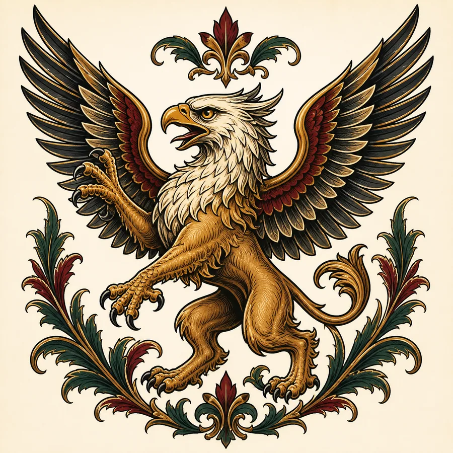 Neo-traditional heraldic griffin rampant tattoo design in gold red and green