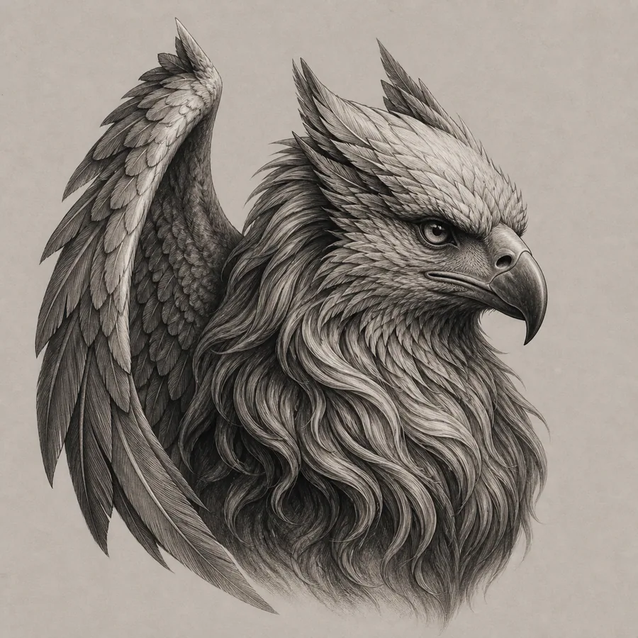 Realistic black and grey griffin head and wing tattoo design